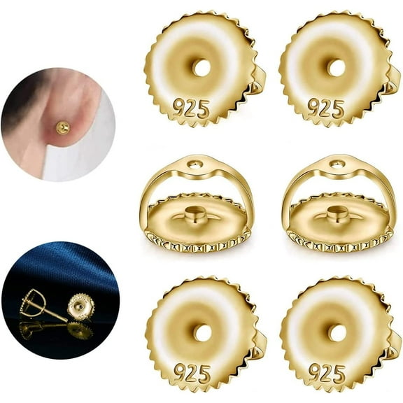 18K Gold Screw Earring-Backs Replacement for Diamond Earring Studs, 3 Pairs Silver Locking Screwbacks Hypoallergenic with Threaded Post (0.032''), Small