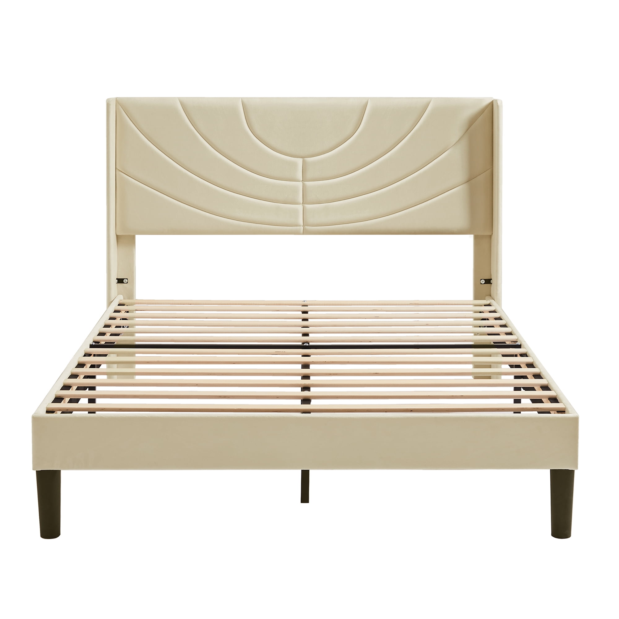 VECELO Full Platform Bed Frame with Upholstered Headboard, Strong Wooden Slats/No Box Spring Needed, Beige