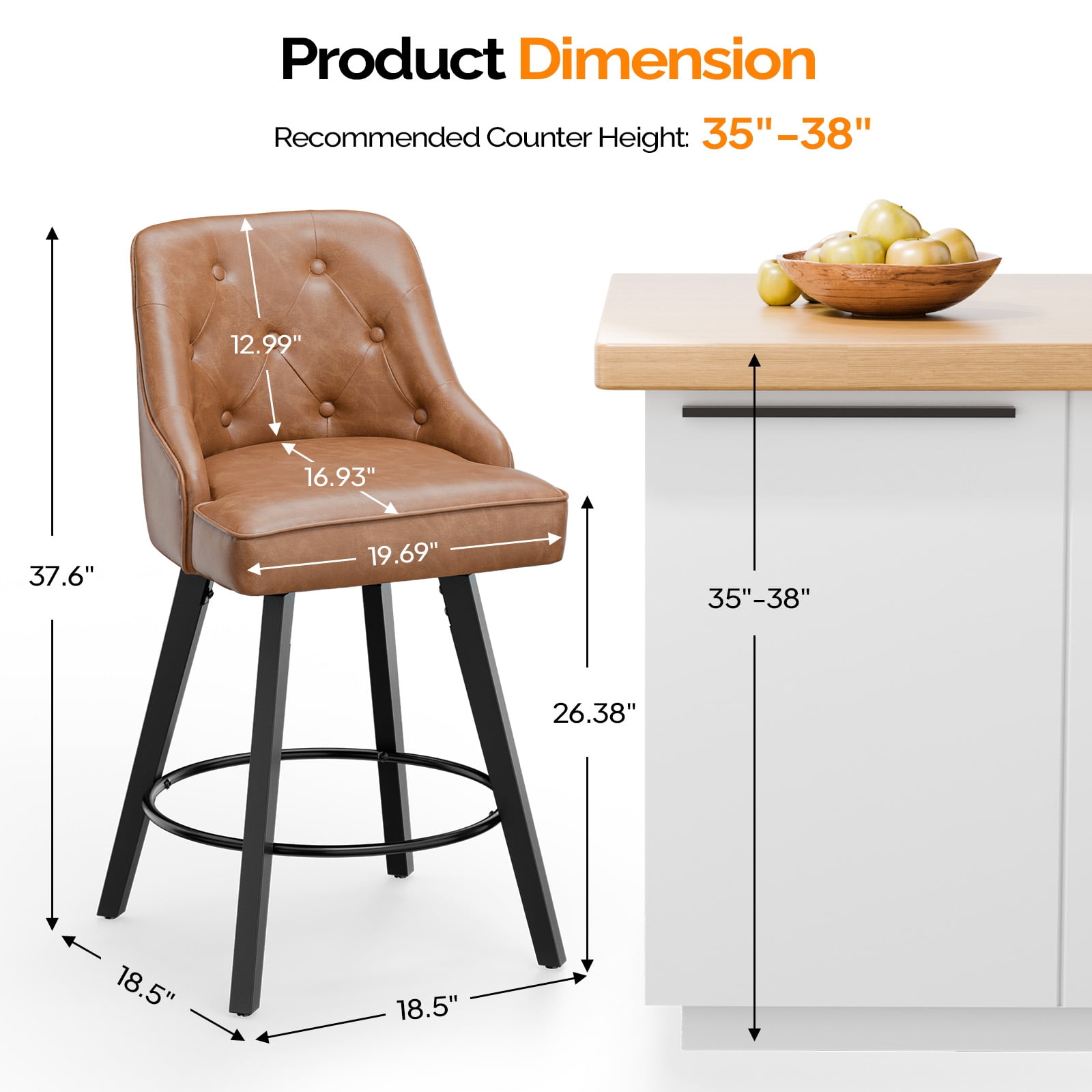 Zimtown Modern Swivel Barstools with Back, 26" Counter Height Bar Stools Kitchen Island Dining Chairs Set of 2, Coffee Brown
