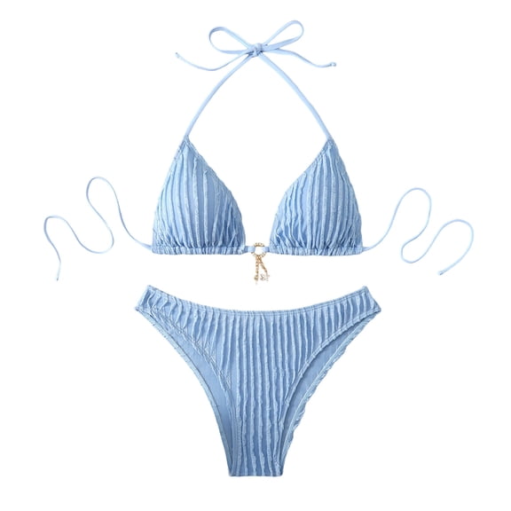 Uaswgudfs Women's Textured Halter Triangle Two Piece Bikini Sets High Cut Side Tie Bathing Suit with Star Charm Blue L
