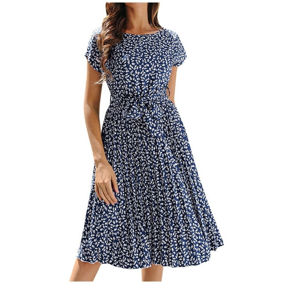 Dresses for Women 2023 Short Sleeve Printing Floral Pattern Dress Round Neck Midi Fit And Flare Y2K Fashion Elegant Party Club Holiday Vacation Homecoming A-Line Swing Hem Pleated Dress