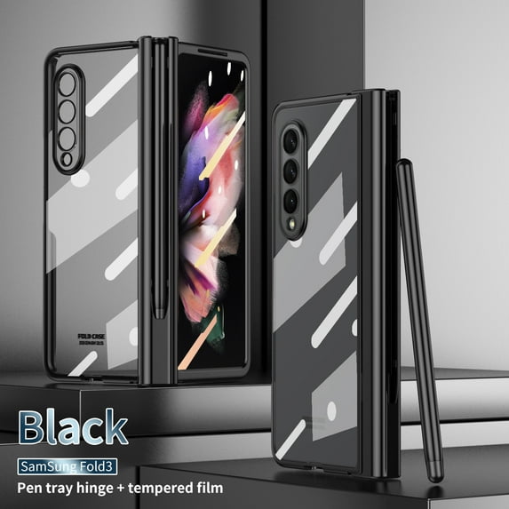TECH CIRCLE Compatible Transparent Case for Samsung Z Fold 3 Case Clear with Pen Holder,Full Protective Cover with Screen Protector Plating Case for Galaxy Z Fold 3 5G-Black