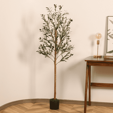 5FT Artificial Olive Tree Tall Faux Silk Plant for Home Office Decor Indoor Fake Potted Tree with Natural Wood Trunk and Lifelike Fruits