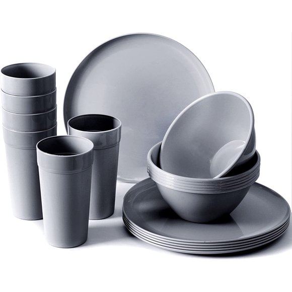 GHSDFBB Ensemble de Vaisselle de Cuisine en Plastique de 18 Pcs, Assiettes, Plats, Bols, Tasses, Service pour 6 (Gris Foncé)
