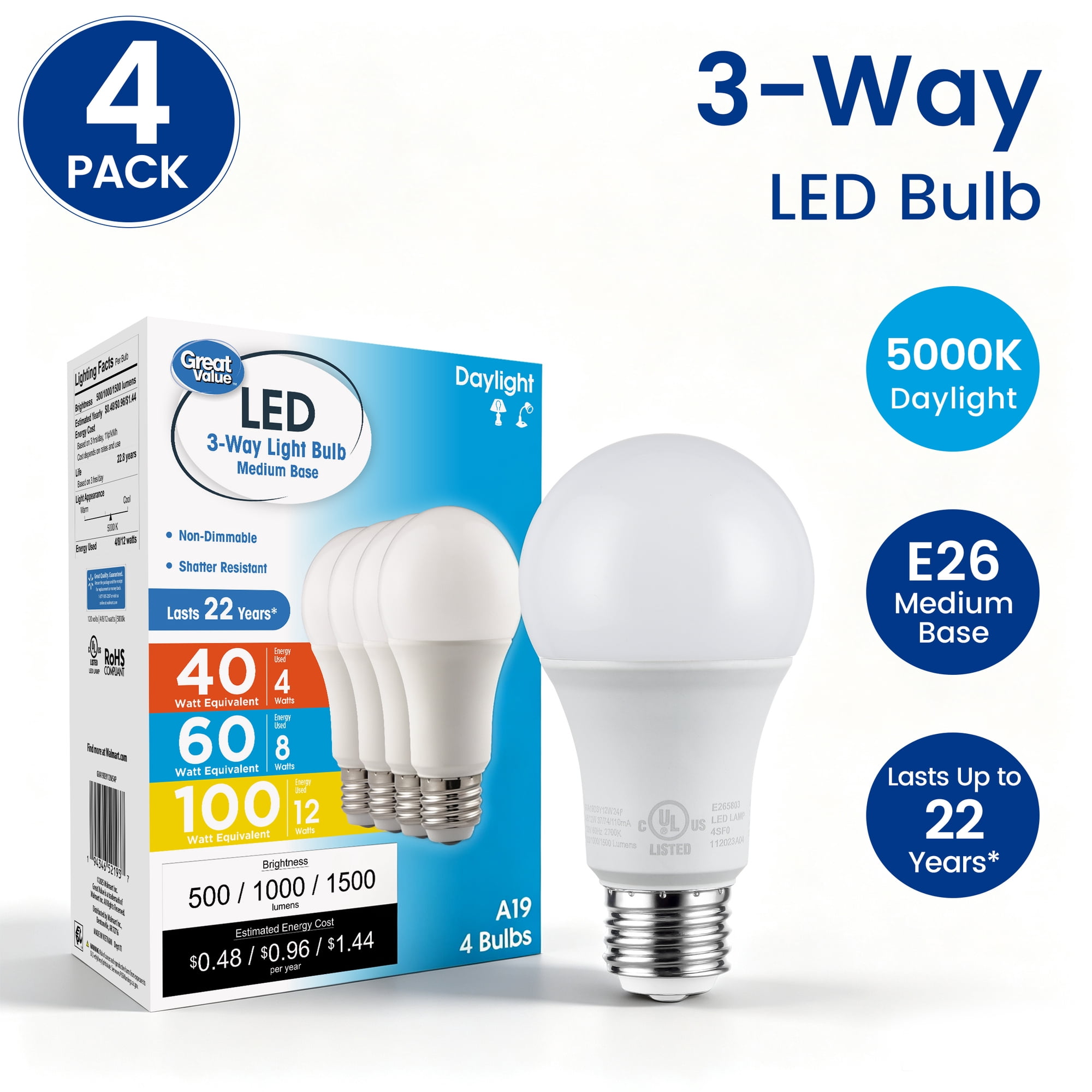 Great Value A19 LED 3-Way Light Bulb, Daylight, 40/60/100 Watt Equivalent, E26 Medium Base, 4 Pack