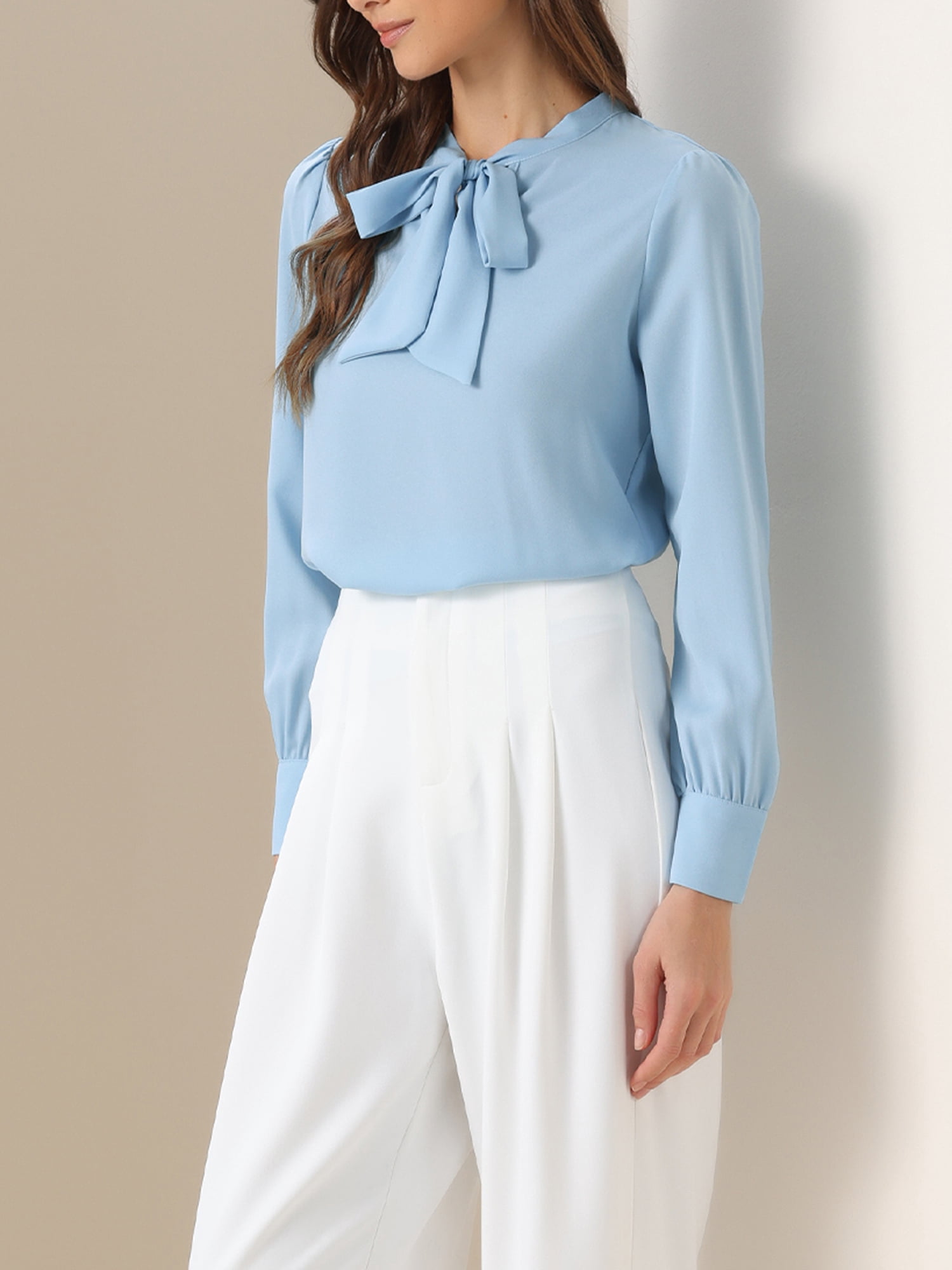 DARING DIVA Women's Bow Tie Neck Tops Long Sleeve Business Work Blouse XL Sky Blue