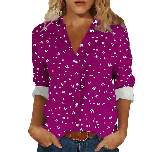 Camisas de cuello de la tripulación de manga corta para las mujeres impresas de la blusa de la apariencia del lino con el cuello girado hacia abajo botón mangas de manguito Top de verano casual