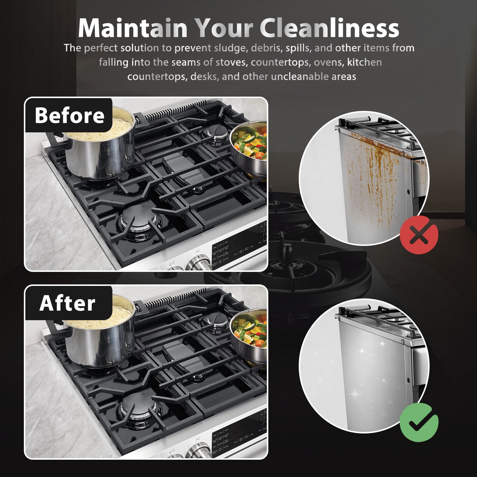 Ihvewuo 2Pcs Stove Gap Covers Stainless Steel Stove Gap Guards Practical Stove Side Gap Covers Heat Resistant Stove Counter Gap Cover Easy to Install Stove Gap Fillers for Kitchens Stoves