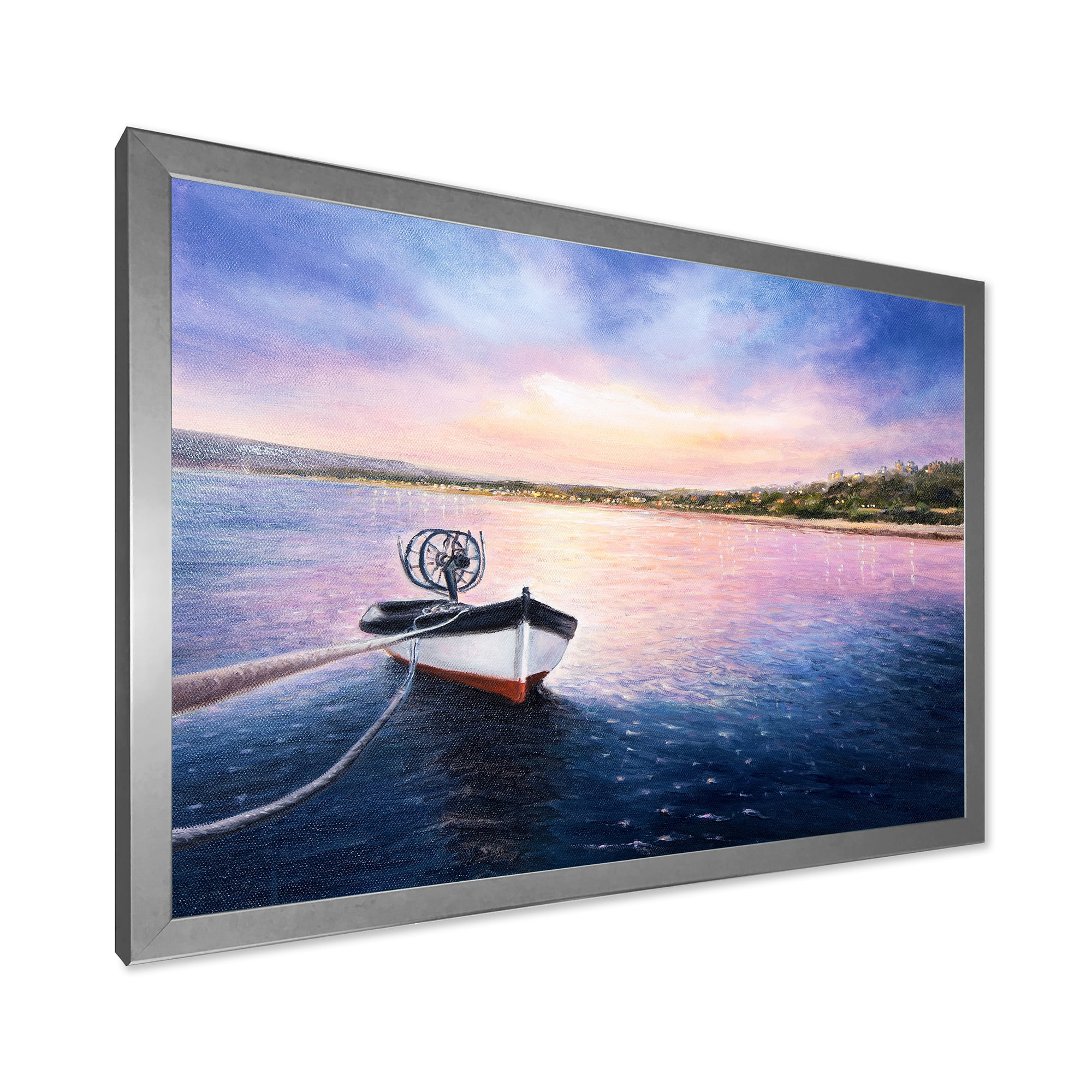 Designart 'VIbrant Sunset Over Fishing Boat By The Shore' Lake House Framed Art Print