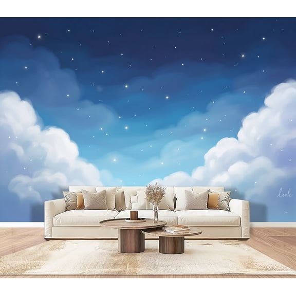 Wallpaper Dreamy Night Sky Clouds Stars Soft Blue Gradient Fantasy Peel and Stick Wall Murals 100"H x 144"W Removable PVC Wall Paper Self-Adhesive Wall Paintings Art Decor for Bedroom Living Room