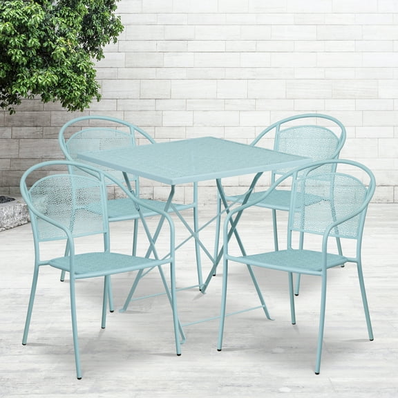 Flash Furniture Commercial Grade 28" Square Sky Blue Indoor-Outdoor Steel Folding Patio Table Set with 4 Round Back Chairs