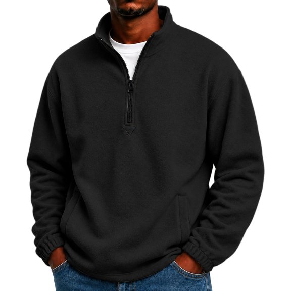 Delconic Mens Quarter Zip Fleece Pullover Jacket Long Sleeve Stand Collar Warm Outerwear Casual Relaxed Fit for Fall Winter Black L