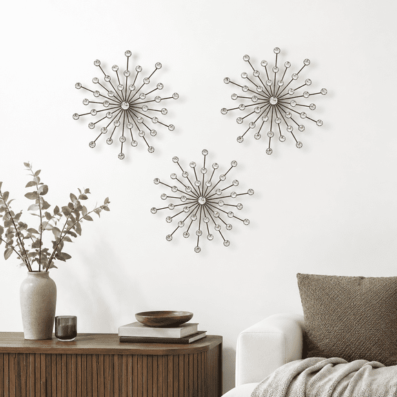 Black Set 13 Inch Metal Starburst Wall Sculpture with Rhinestone Accents