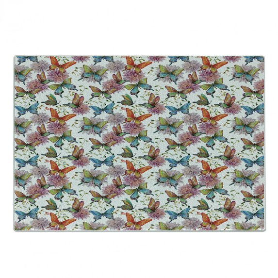 Butterfly Cutting Board, Flying Butterflies with Floral Elements Vivid Color Palette Wildflowers Retro, Decorative Tempered Glass Cutting and Serving Board, Small Size, Multicolor, by Ambesonne