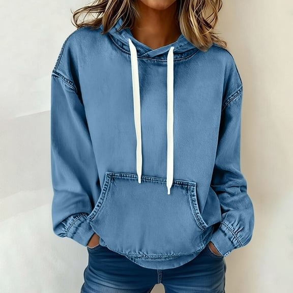 Yteetum Denim Hoodies for Women Oversized Crewneck Drawstring Hooded Sweatshirts Top Womens Casual Solid Plus Size Round Neck Long Sleeve Hood Sweatshirt with Pockets Blouses Fall Spring Clothes