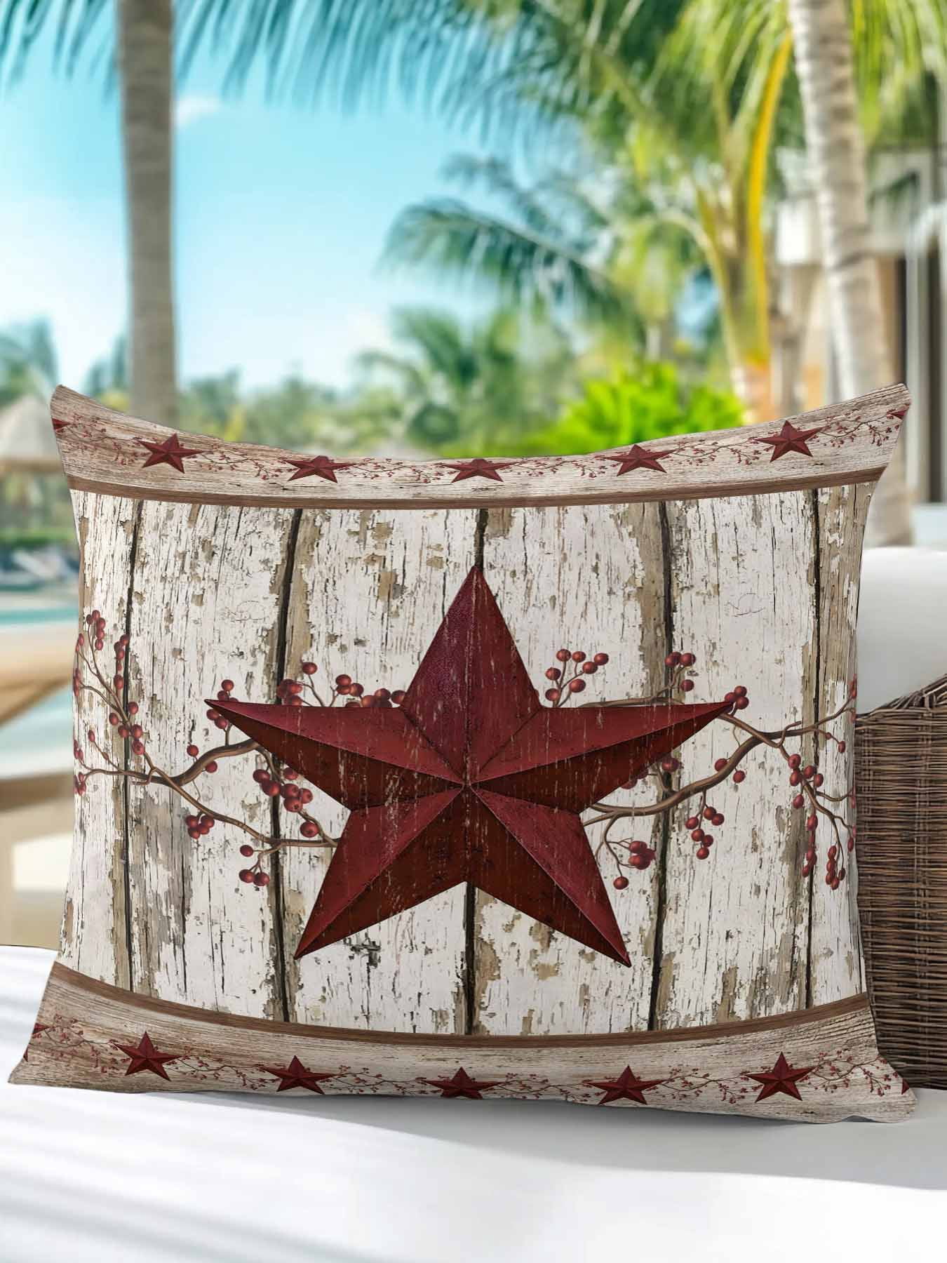 Outdoor Pillows Waterproof, Red Texas Star Vintage Bedding Throw Pillows with Insert for Couch Sofa Bed, Farmhouse Berry Grey Wooden 16x16 Inch Pillowcases Decorative Camping Patio Pillow Set of 1