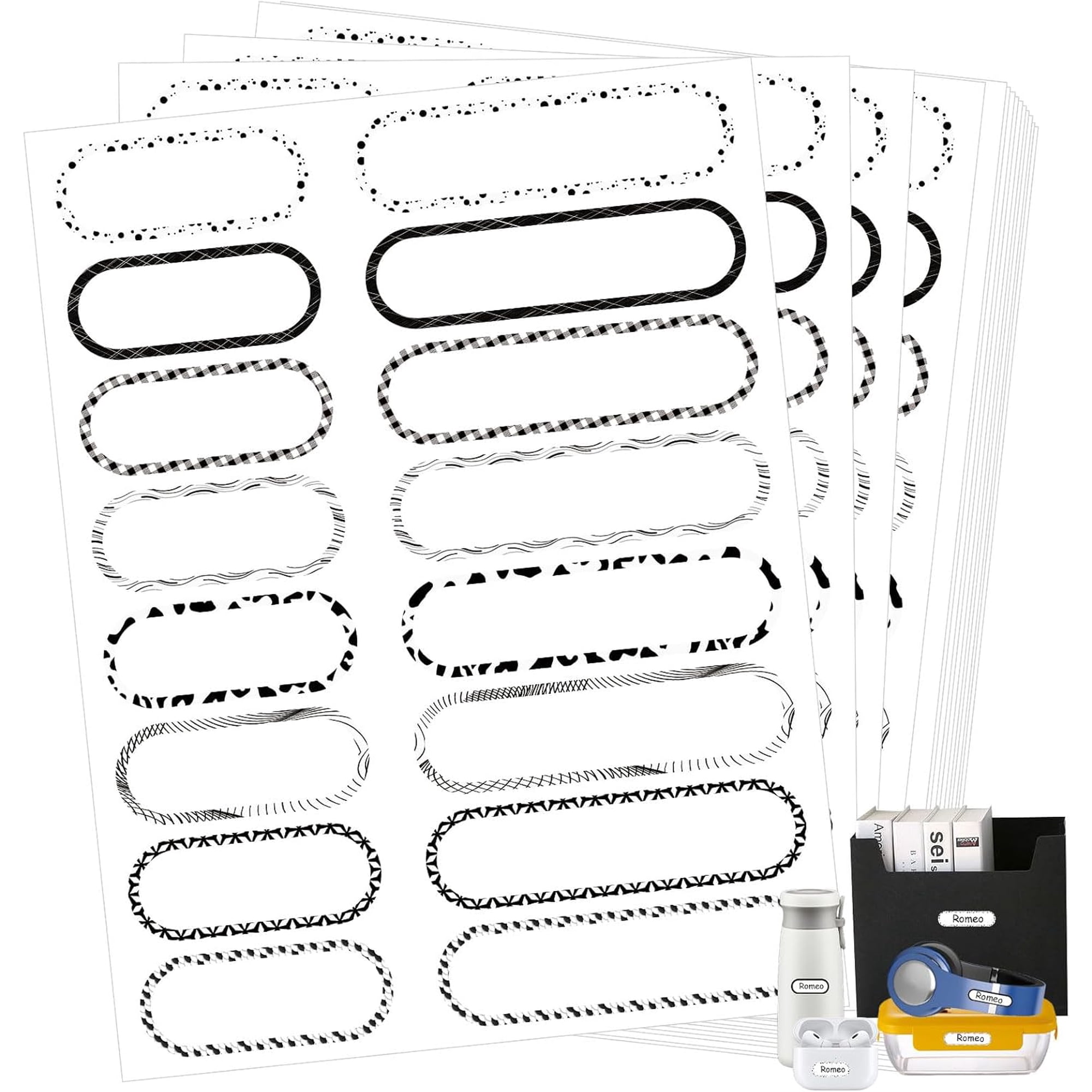 480PCS Waterproof Labels for Bottles, Self-Laminating Multipurpose Name Labels for Daycare School (Black & White)