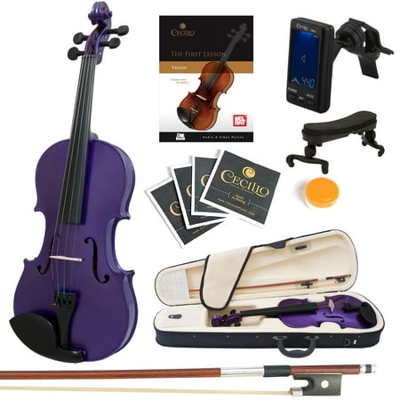 Mendini Full Size 4/4 MV-Purple Solid Wood Violin w/Tuner, Lesson Book, Shoulder Rest, Extra Strings, Bow, 2 Bridges & Case, Metallic