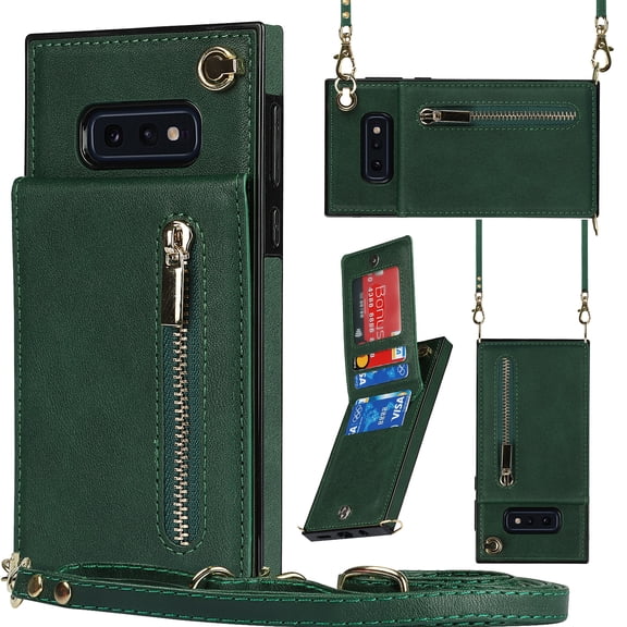 Crossbody Wallet Case for Samsung Galaxy S10E with Card Holders RFID Shockproof Cover, Back Magnetic Flip Kickstand Zipper Slot Case, PU Leather Cover Handbag Shoulder Strap Phone Case,Green