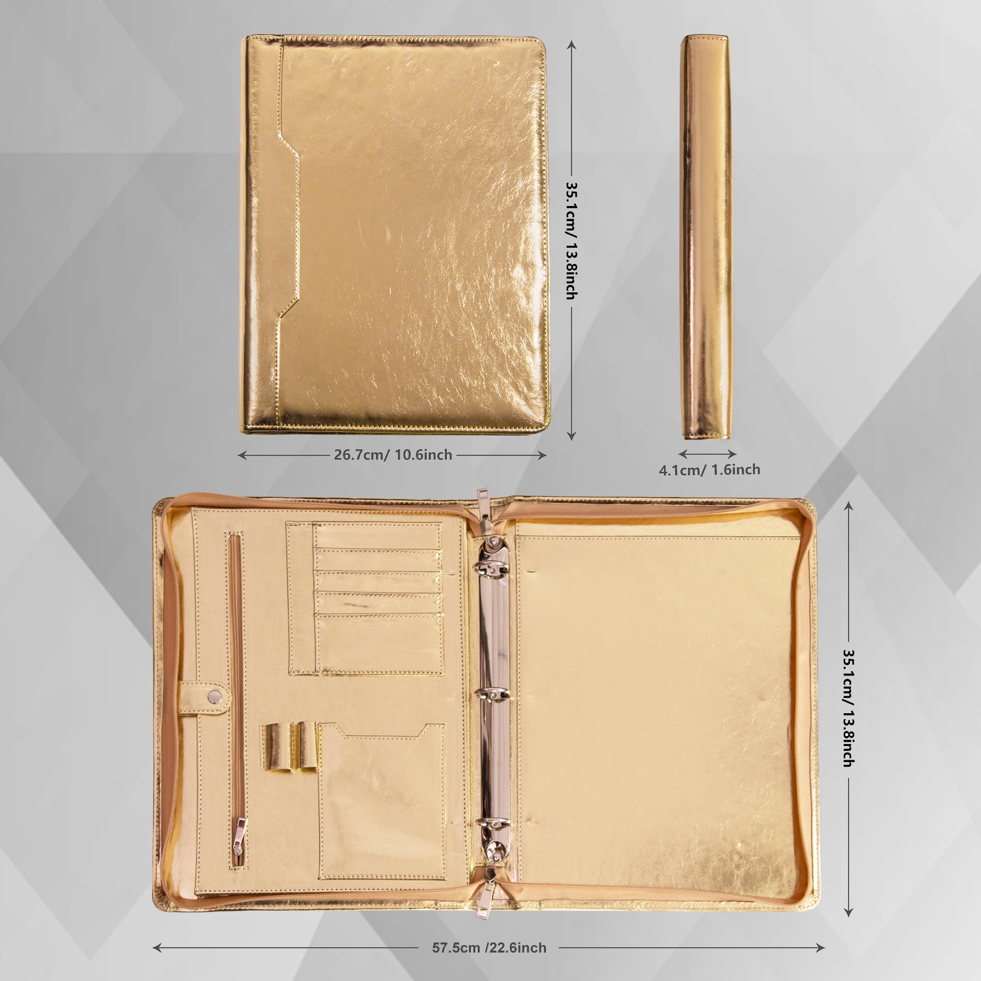 Spotlight Golden Portfolio 3 Ring Binder, Vegan Leather Portfolio Binder with Zipper, Business Padfolio Organizer Notepad Holder,Folder with Tablet Sleeve for ipad Pro 13 MacBook