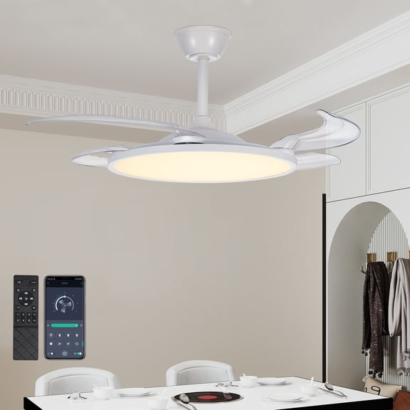 42 inch Retractable Ceiling Fan with Light & Remote, Flush Mount, 3CCT Adjustable LED, 6-Speed Quiet DC Motor, Timer, for Bedroom Living Room Kitchen