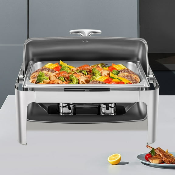Roll Top Chafing Dish, 9.5QT Stainless Steel Buffet Server with 90°/180° Flip Lid, Electropolished Finish, For Commercial Catering