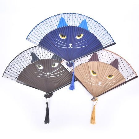 

HATISS Cat Cartoon Silk Fashionable Japan Style Hand Fans Popular Handheld Folding Fans