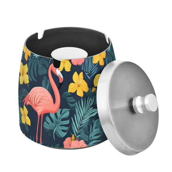 Yayeee Ashtray with Lid for Cigarette Smokeless Stainless Steel Home Ash Holder, Pink Floral Flamingo