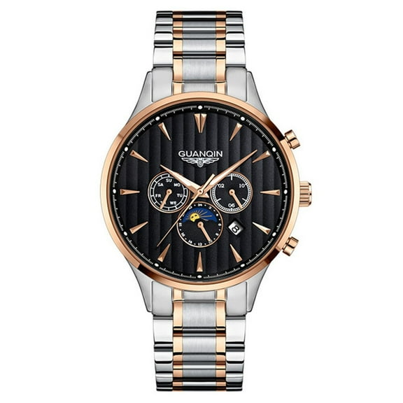 GUANQIN Men Automatic Mechanical Stainless Steel Leather Business Wrist Watch Sapphire Crystal Waterproof Self-Winding Sport Clock Day Date Luminous