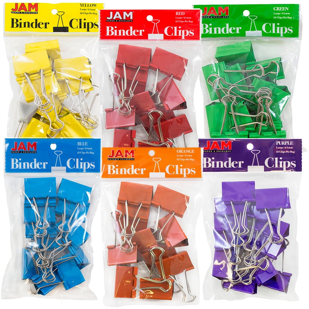 JAM Colorful Binder Clips, Large, 1 1/2 Inch (41 mm), Assorted Binderclips, 6 Packs of 12