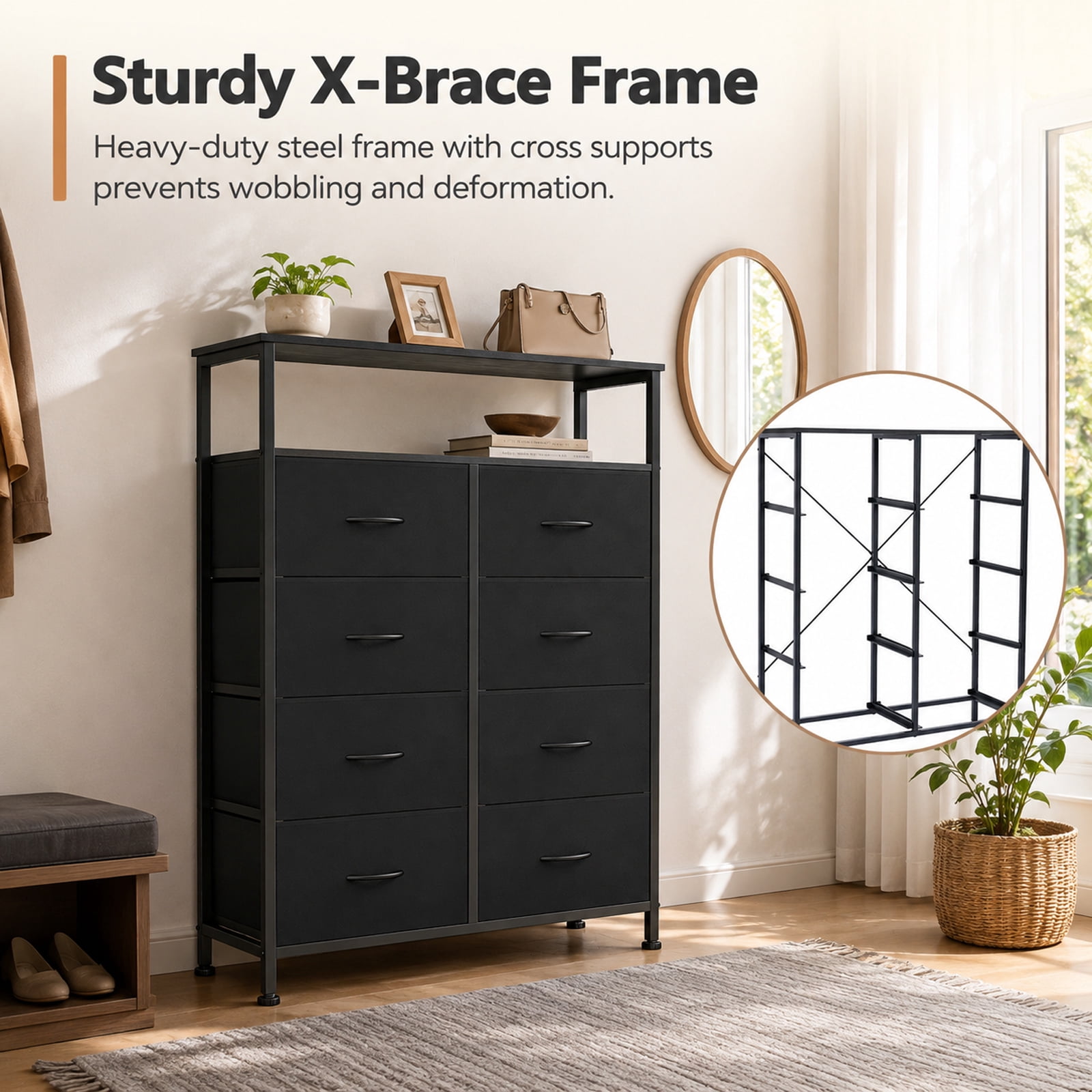 Alvantor 8-Drawer Fabric Dresser with Open Shelf, Chest of Drawers, Steel, MDF, Storage Organizer Unit, Closet, Entryway