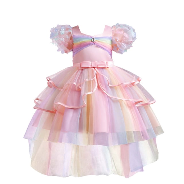 NiSHUIHAN Robes pour Adolescentes Enfants Robe Princesse en Tulle à Manches Courtes Robe Bébé Fille avec Nœud Rose 120