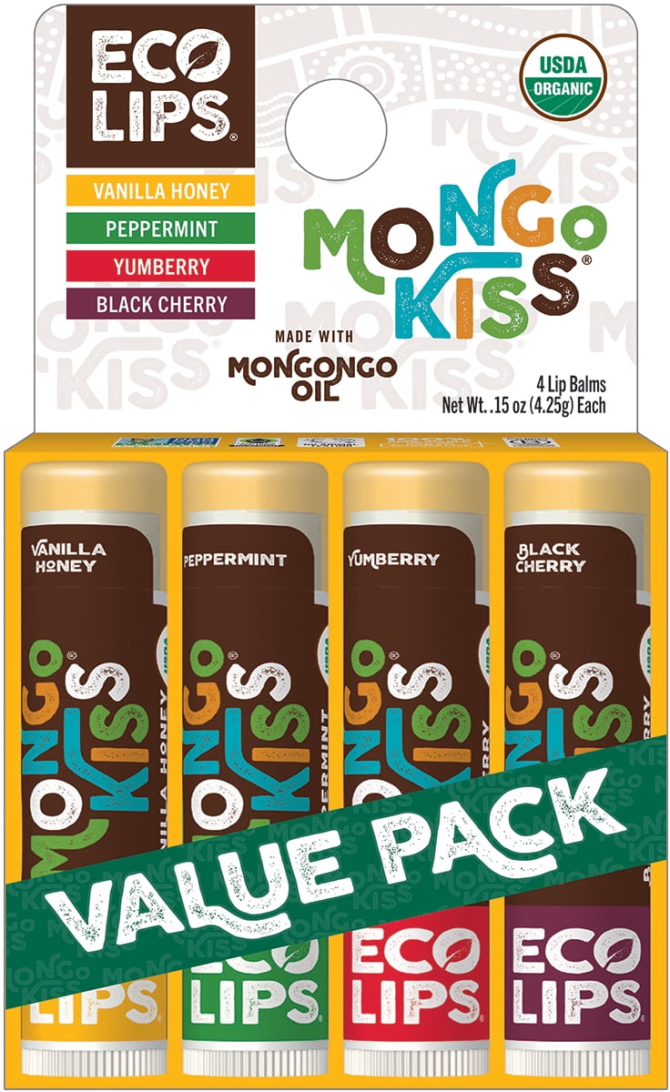 (2 pack) Eco Lips Organic Mongo Kiss Moisturizing Lip Balm Variety 4-pack