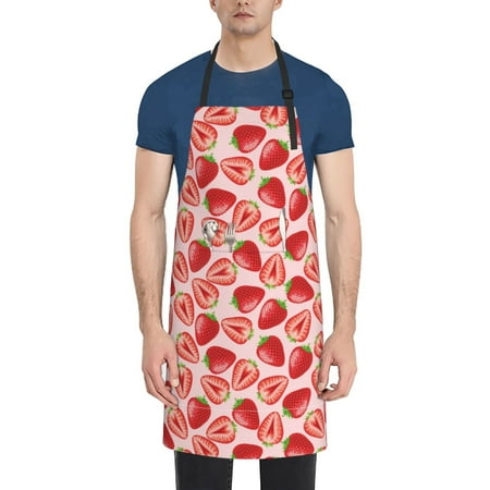 

Pofeuu Cute Strawberry Print Waterproof Apron with Pockets Adjustable Cooking Aprons Kitchen Bib for Baking Household Cleaning