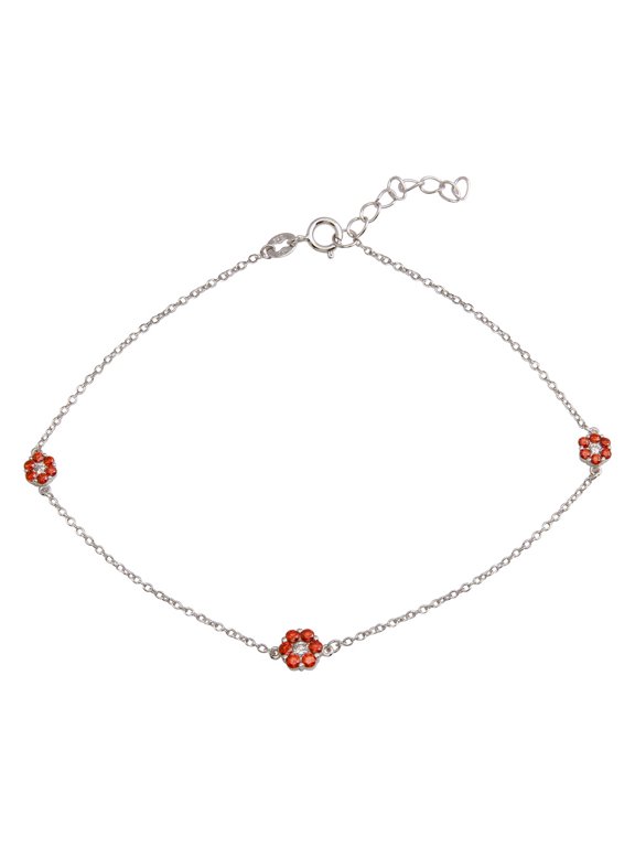 Simulated Ruby Cubic Zirconia Flower Anklet Rhodium Plated Sterling Silver