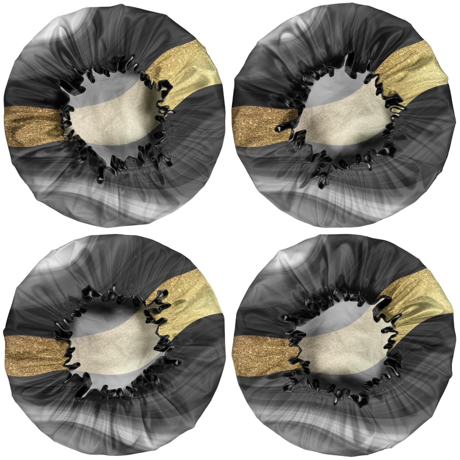 Shower Caps,Black Marble Gold Wave Pattern Waterproof Shower Cap for Women 4 Pieces,Double Reusable Hair Cover for Shower PEVA Elastic Stretch Hem