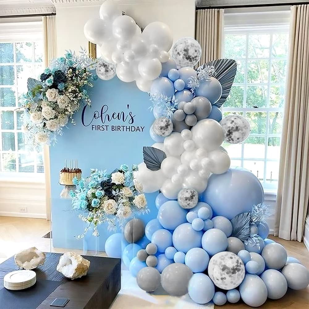YANSION Blue Balloon Arch Kit, Balloon Arch Garland Kit, Macaron Blue White Gray Latex Party Balloon for Baby Shower, Wedding Birthday Party, Christening 1st Birthday Decorations Boys