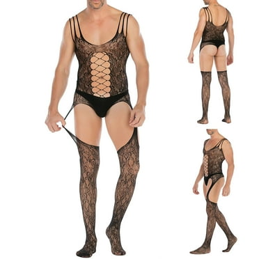 Ruziyoog Men Lace Lingerie Sexy Tight Cut Out Black Lace Elastic Nightgown Mens Sexy Full-Body High Bifurcation One-Piece Net Suit Body Socks Black One Size