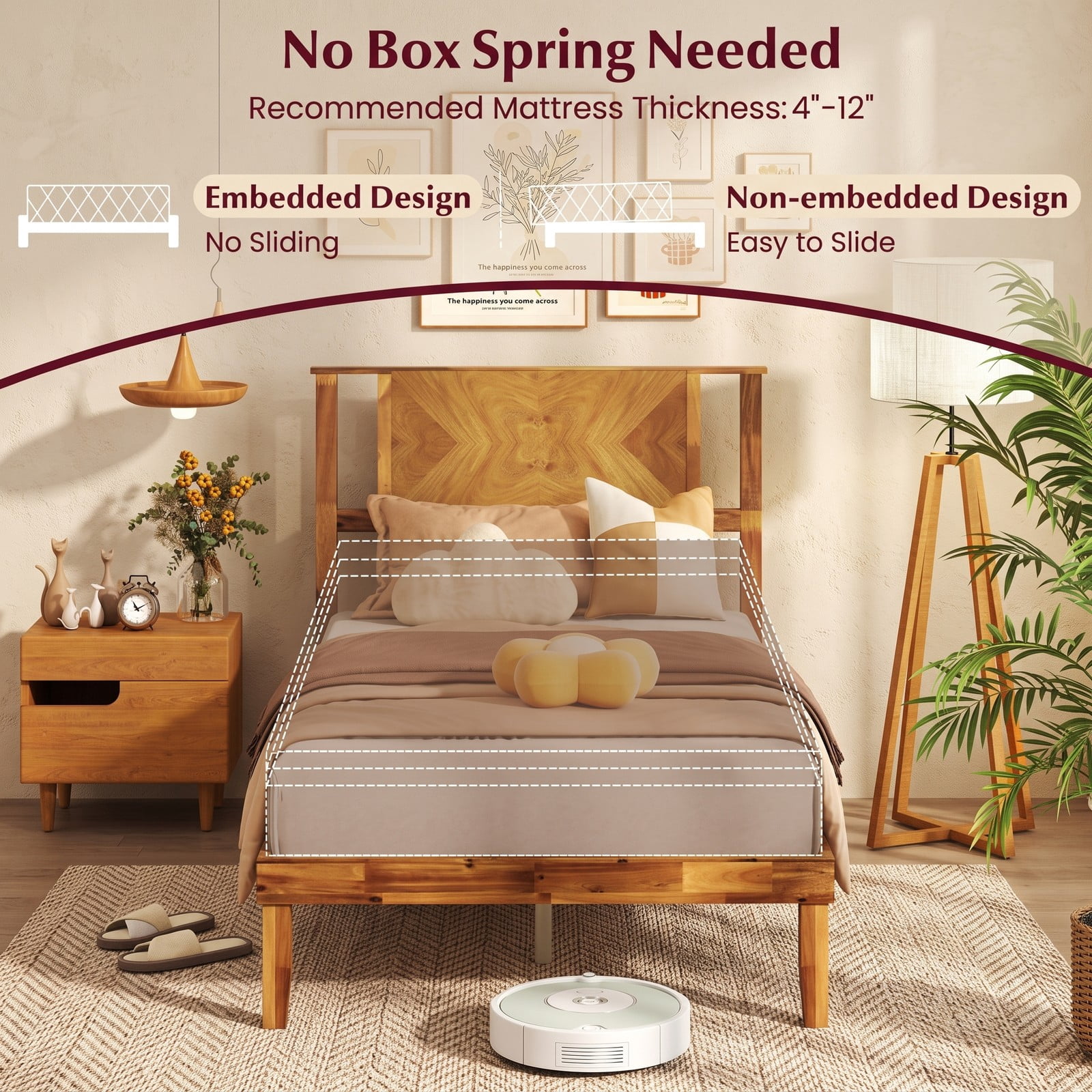 Furnibear Queen Size Bed Frame with Mid-Century Headboard, Acacia Wood Platform Bed Frame with Slat Support, Rustic Golden Brown