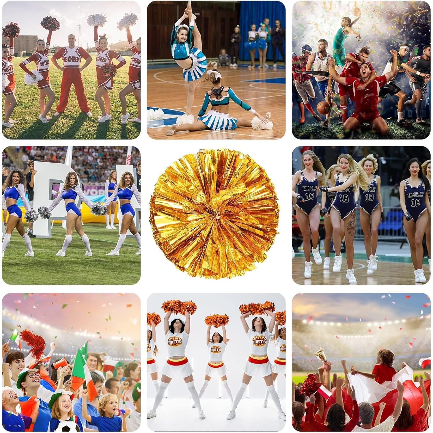 Zhangyh Pom Poms Cheerleading,Fluffy Cheerleader Pompoms with Finger Ring Handle,Metallic Pom Poms Cheerleading for Celebration (Blue, 4 Pack)