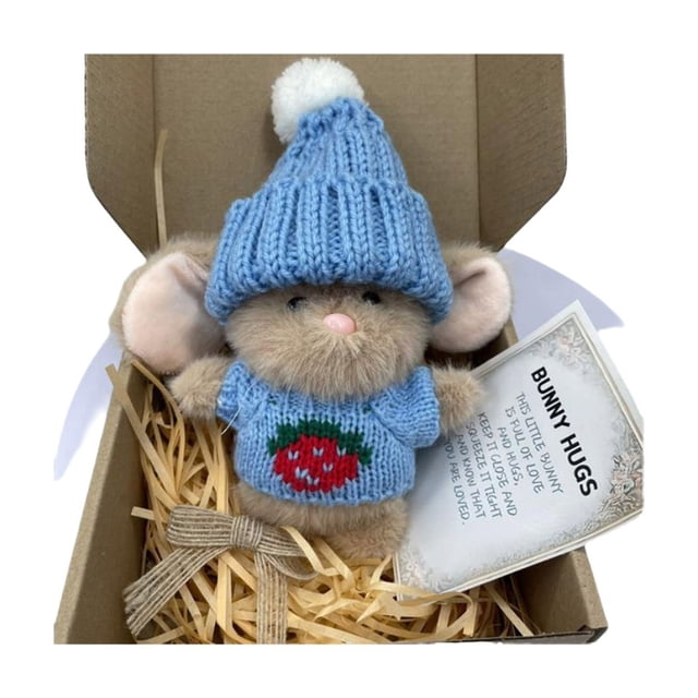 Mini Cute Easter Gift Bunny with Knitted Hat and Velvet Soft Pocket in Gift Box with Greeting Card