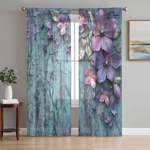 Purple Floral Sheer Curtains 63 Inch Length 2 Panels Set, Vintage Cracked Wall Country Rustic Voile Window Treatment Rod Pocket Curtains Sheers Drapes for Bedroom/Living Room/Kitchen 52x"63"x2