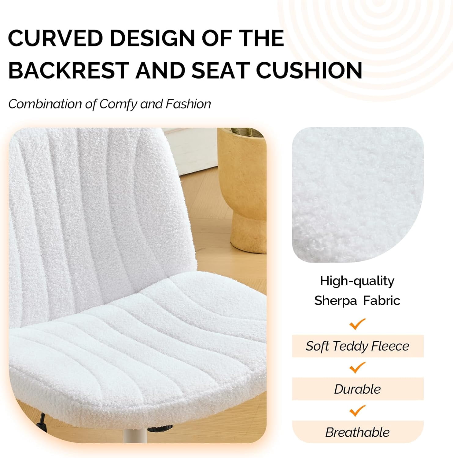 JOYMOR Modern Vanity Chair Dual-Use with/no Wheels, Armless Criss Cross Legged Chair, Swivel Wide Comfy Office Desk Chair, Computer Chair