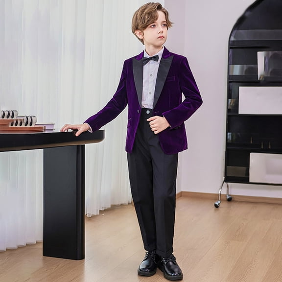 Boys Velvet Tuxedo Suit Outfit Set – Elegant Formal Wear for Kids Aged 1-14 Years, 4-Piece Ensemble with Bowtie