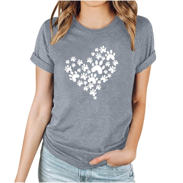 Puntoco Camiseta informal de manga corta con cuello redondo y estampado a la moda para mujer