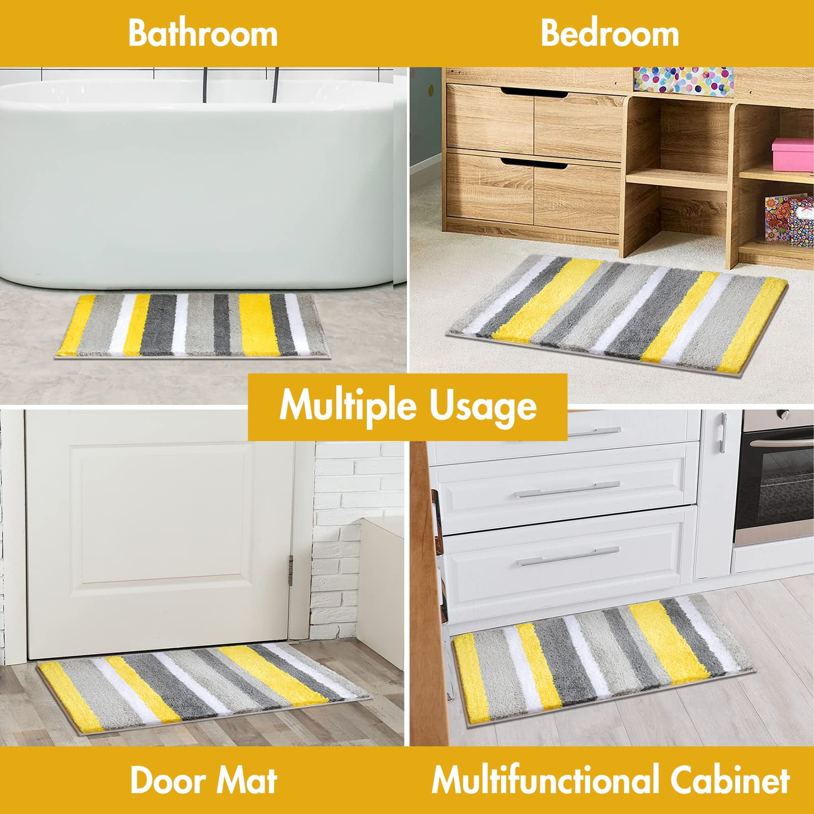 qtess Fluffy Bathroom Rugs Bath Mats Rugs Microfiber Striped Shower Rug Absorbent, Soft and Plush Machine Washable Non Slip Carpet Quick Dry for Bathroom Floor Tub, 16x24 Inch, Yellow-Grey