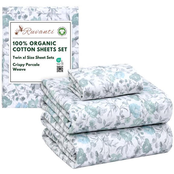 RUVANTI 100% Organic Cotton Sheets - Twin XL Sheet Sets - 3 Piece Percale Weave Bedding, Crisp, Cooling & Breathable, Soft & Durable, 16" Deep Pocket, Hotel Quality Sábanas - Cold Chrysanthemum