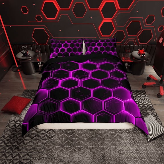 Erosebridal Neon Purple Honeycomb Comforter Cover Twin, Geometric Hexagon Bedding Twin Size, Black Bedroom Decor, Reversible 2pcs (No Comforter)