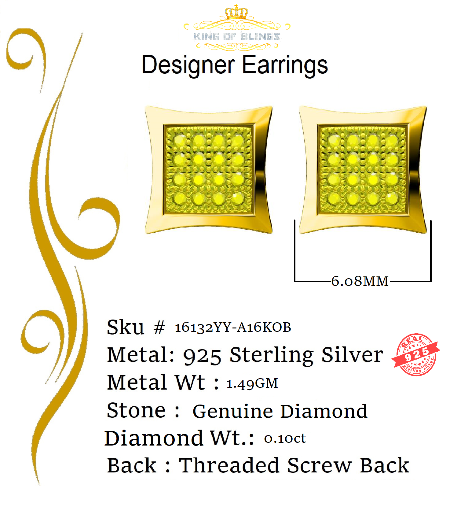 King of Bling's 0.10ct Yellow Diamond Stud Earrings For Women Yellow 925 Sterling Silver For Men