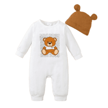 

Mikrdoo Baby Boys Clothes Bear Long Sleeve Romper With Hat 2Pcs Romper Set White 3-6 Months